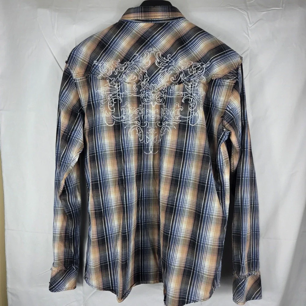 BKE Slim Fit Mens Western Snap Shirt XL Plaid Distressed Embroidered Blue Tan